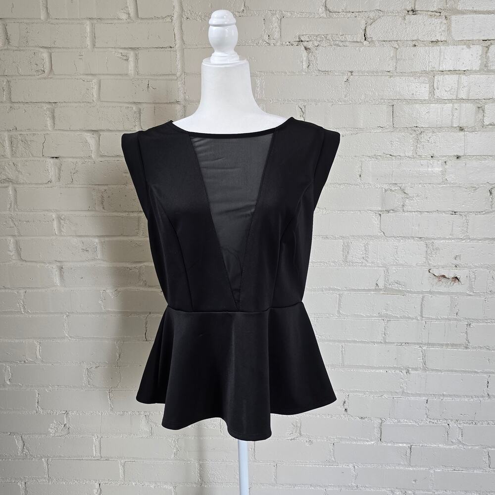 Black Sleeveless Peplum Top ┃Mesh Deep V Neck┃Forever 21+┃Edgy Night Out & Goth